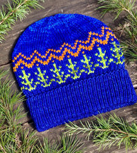 Load image into Gallery viewer, Hand knit merino wool unisex mens womens winter hat beanie mountains trees forest
