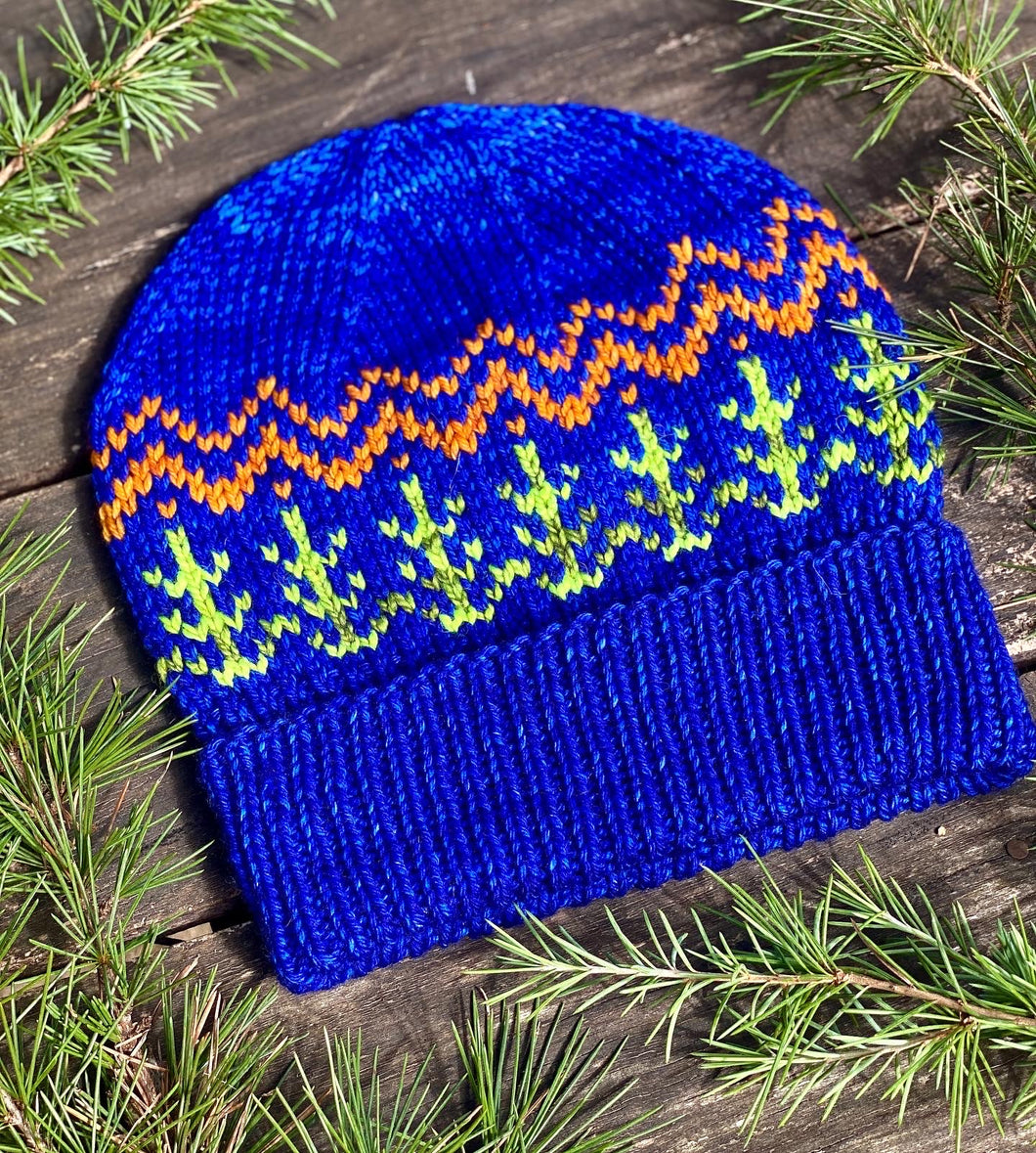 Hand knit merino wool unisex mens womens winter hat beanie mountains trees forest