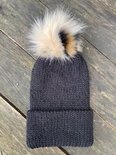 Load image into Gallery viewer, Cheetah pom beanie fitted cozy fold up brim black knit hat acrylic cap
