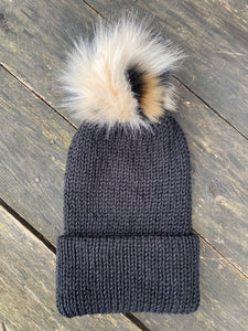 Cheetah pom beanie fitted cozy fold up brim black knit hat acrylic cap