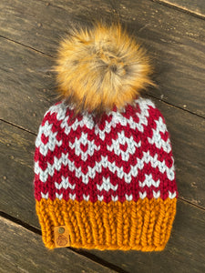 Luxury women's hand knit winter pom beanie red blue gold warm colors wool slow fashion gift