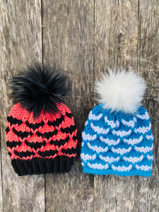 Hand knit winter pom pom hat beanie black/pink and teal/white child kids