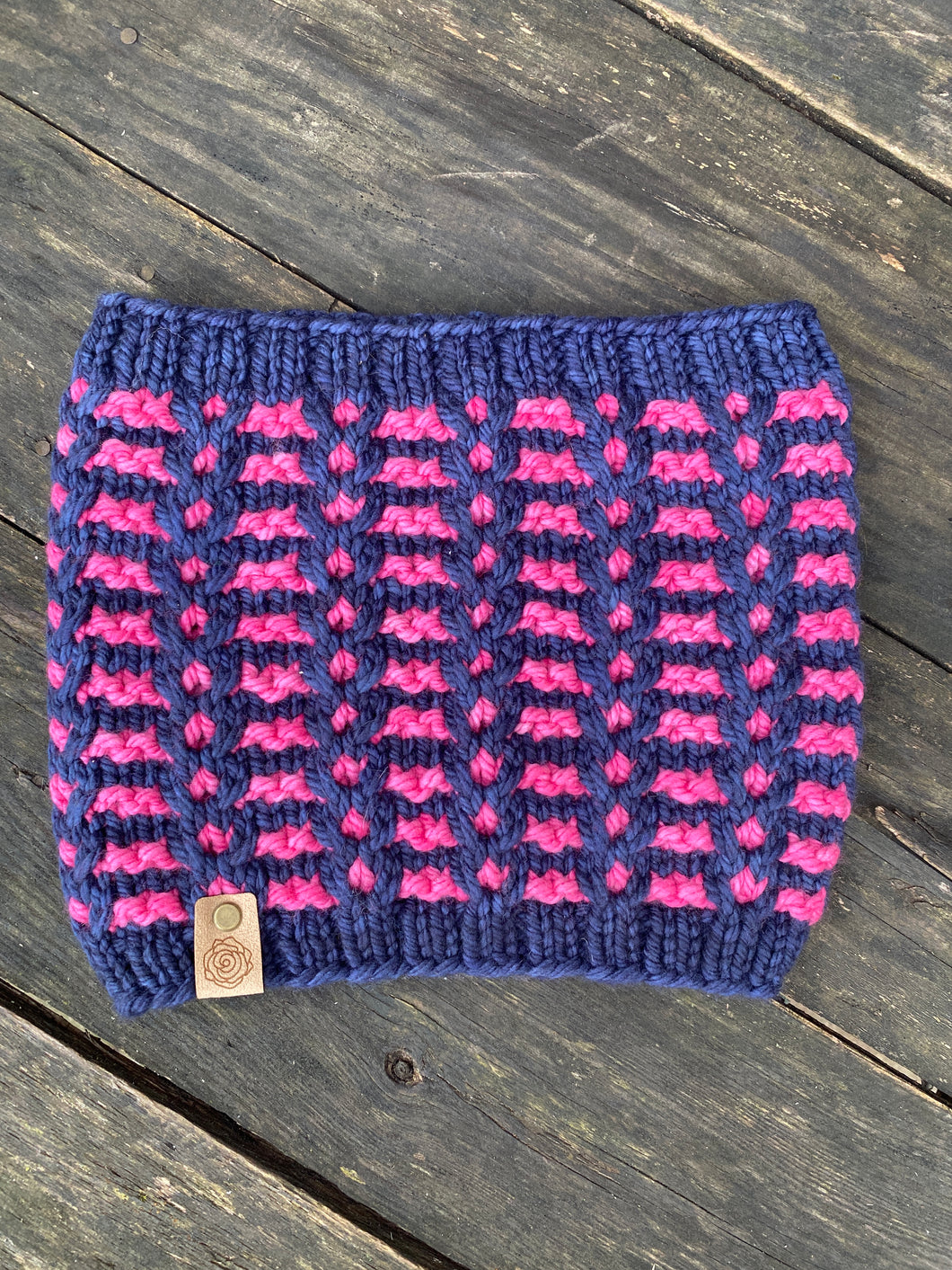 Luxury hand knit women's cowl neck warmer 100% merino wool hot pink navy