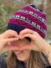 Load image into Gallery viewer, Hand knit merino wool valentine womens winter hat beanie hugs kisses navy hot pink xoxo
