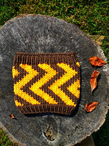 Women's hand knit cable winter cowl neck cozy acrylic wool blend orange brown zig zag chevron