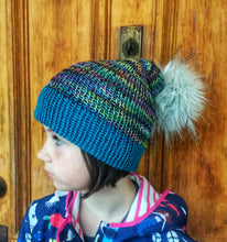 Load image into Gallery viewer, Kids pom pom merino wool winter hat beanie child fun blue slouchy or fitted
