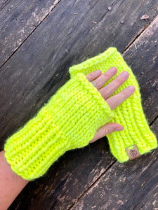 Luxury Hand knit cozy fingerless mittens neon yellow florescent merino wool cozy gift