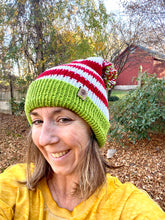 Load image into Gallery viewer, Grinch Christmas xmas pom fitted cozy cute unisex knit hat acrylic cap stripes red and white holiday festive
