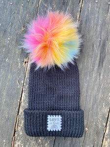 Love is love pom fitted cozy handsome cute unisex rainbow knit hat acrylic black cap