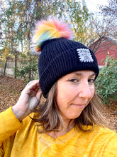 Load image into Gallery viewer, Love is love pom fitted cozy handsome cute unisex rainbow knit hat acrylic black cap
