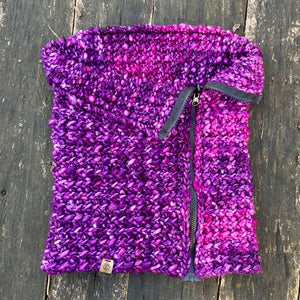 Luxury women's hand knit high fashion winter cowl cozy wool slow fashion gift zipper couture purple