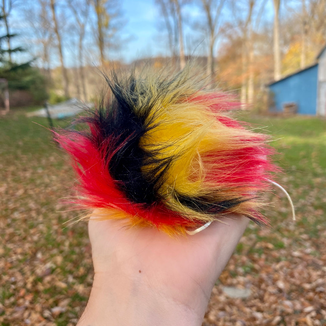 MADE TO ORDER Fun and funky maryland flag faux fur pom pom with wooden button yellow red black