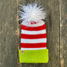 Load image into Gallery viewer, Grinch Christmas xmas pom fitted cozy cute unisex knit hat acrylic cap stripes red and white holiday festive
