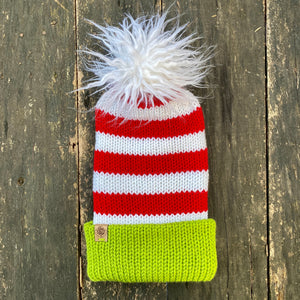 Grinch Christmas xmas pom fitted cozy cute unisex knit hat acrylic cap stripes red and white holiday festive