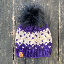 Load image into Gallery viewer, Luxury women&#39;s hand knit winter pom beanie purple cream color wool slow fashion gift

