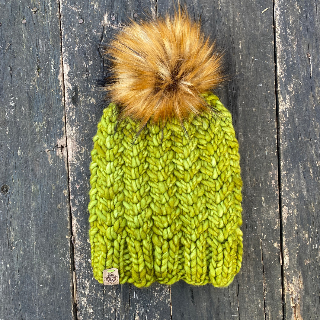 Luxury hand knit 100% merino wool green brown womens winter hand knit pom pom hat beanie slow fashion