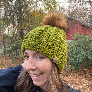 Luxury hand knit 100% merino wool green brown womens winter hand knit pom pom hat beanie slow fashion