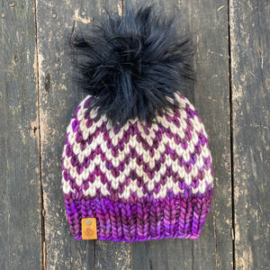 Luxury women's hand knit winter pom beanie purple cream color wool slow fashion gift