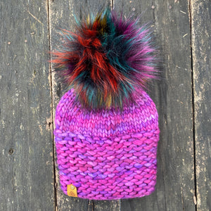 Luxury hand knit 100% merino wool pink purple valentine womens winter hand knit pom pom hat beanie slow fashion