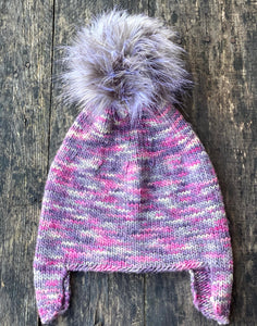 Hand knit ear flap winter hat pom pom beanie merino wool pink purple gray silver