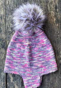 Hand knit ear flap winter hat pom pom beanie merino wool pink purple gray silver