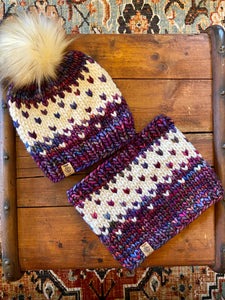 Luxury women's hand knit winter pom beanie purple pink blue jewel tone cream color wool slow fashion gift