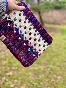 Luxury women's hand knit winter pom beanie purple pink blue jewel tone cream color wool slow fashion gift