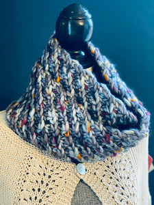 Luxury hand knit infinity scarf gorgeous chunky big warm gray blue slow fashion
