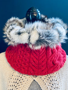 C.R.Woolie upcycled faux fur lined cowl chunky cable knit red black and white slow fashion