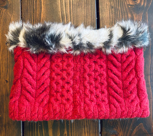 C.R.Woolie upcycled faux fur lined cowl chunky cable knit red black and white slow fashion