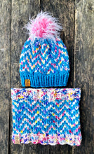 Load image into Gallery viewer, Luxury women&#39;s hand knit chevron winter cowl pink blue speckled wool slow fashion gift
