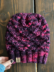 Luxury women's hand knit winter pom beanie maroon wine merlot burgundy gorgeous cozy color wool slow fashion gift