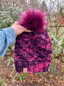 Luxury women's hand knit winter pom beanie maroon wine merlot burgundy gorgeous cozy color wool slow fashion gift