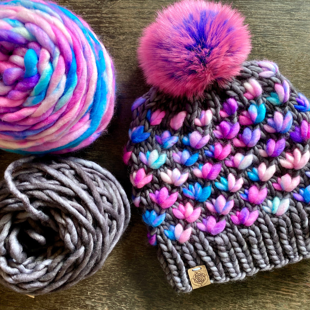 Luxury women's hand knit winter pom beanie hot pink gray texture multicolor fun color wool slow fashion gift