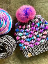 Load image into Gallery viewer, Luxury women&#39;s hand knit winter pom beanie hot pink gray texture multicolor fun color wool slow fashion gift
