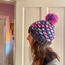 Load image into Gallery viewer, Luxury women&#39;s hand knit winter pom beanie hot pink gray texture multicolor fun color wool slow fashion gift
