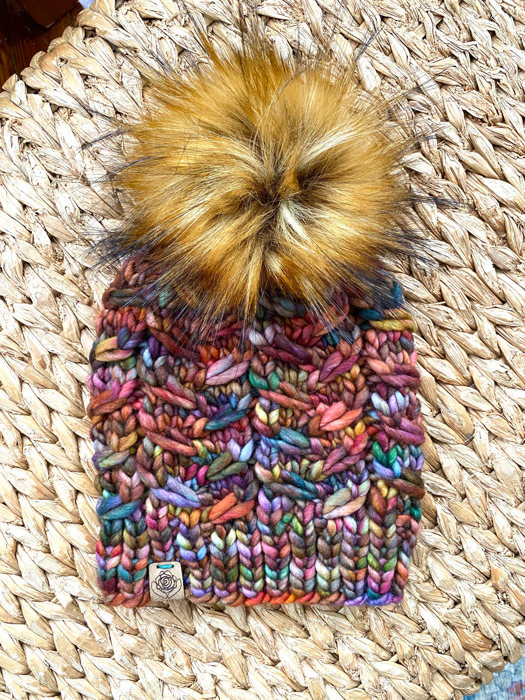 Luxury hand knit 100% merino wool womens winter hand knit pom pom hat beanie rainbow textured slow fashion