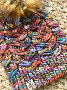 Luxury hand knit 100% merino wool womens winter hand knit pom pom hat beanie rainbow textured slow fashion