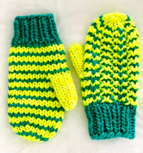 Load image into Gallery viewer, Hand knit wool mittens bright fun neon women adult warm winter fashion soft teens valentine gift

