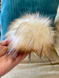 MADE TO ORDER CREAM IVORY faux fur pom with long light and dark brown tip faux fur pom pom with wooden button