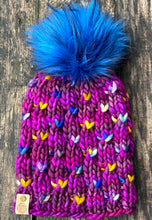 Load image into Gallery viewer, MADE TO ORDER Fun and funky blue with black faux fur pom pom with wooden button
