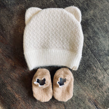 Load image into Gallery viewer, Luxury teddy bear baby infant beanie hat cashmere bootie set baby shower gift new mom cute unisex
