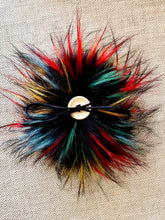 Load image into Gallery viewer, MADE TO ORDER Fun and funky firework black with long rainbow tip faux fur pom pom with wooden button
