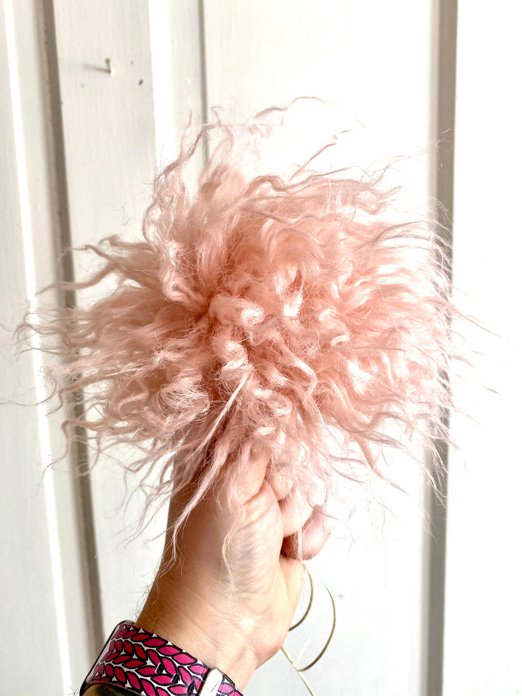 MADE TO ORDER Fun and funky blush pink crimped faux fur pom pom with wooden button