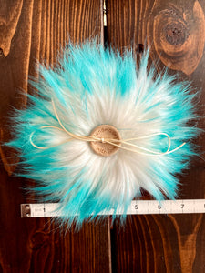 MADE TO ORDER Fun and funky white with aqua teal tip faux fur pom pom with wooden button
