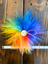 Load image into Gallery viewer, MADE TO ORDER Fun and funky rainbow blue purple hot pink yellow orange green faux fur pom pom with wooden button

