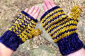 Luxury Hand knit cozy fingerless mittens purple gold stripes texture merino wool cozy gift