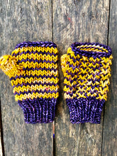 Load image into Gallery viewer, Luxury Hand knit cozy fingerless mittens purple gold stripes texture merino wool cozy gift
