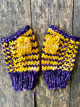 Load image into Gallery viewer, Luxury Hand knit cozy fingerless mittens purple gold stripes texture merino wool cozy gift
