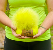 Load image into Gallery viewer, MADE TO ORDER Fun and funky neon fluorescent yellow faux fur pom pom with wooden button
